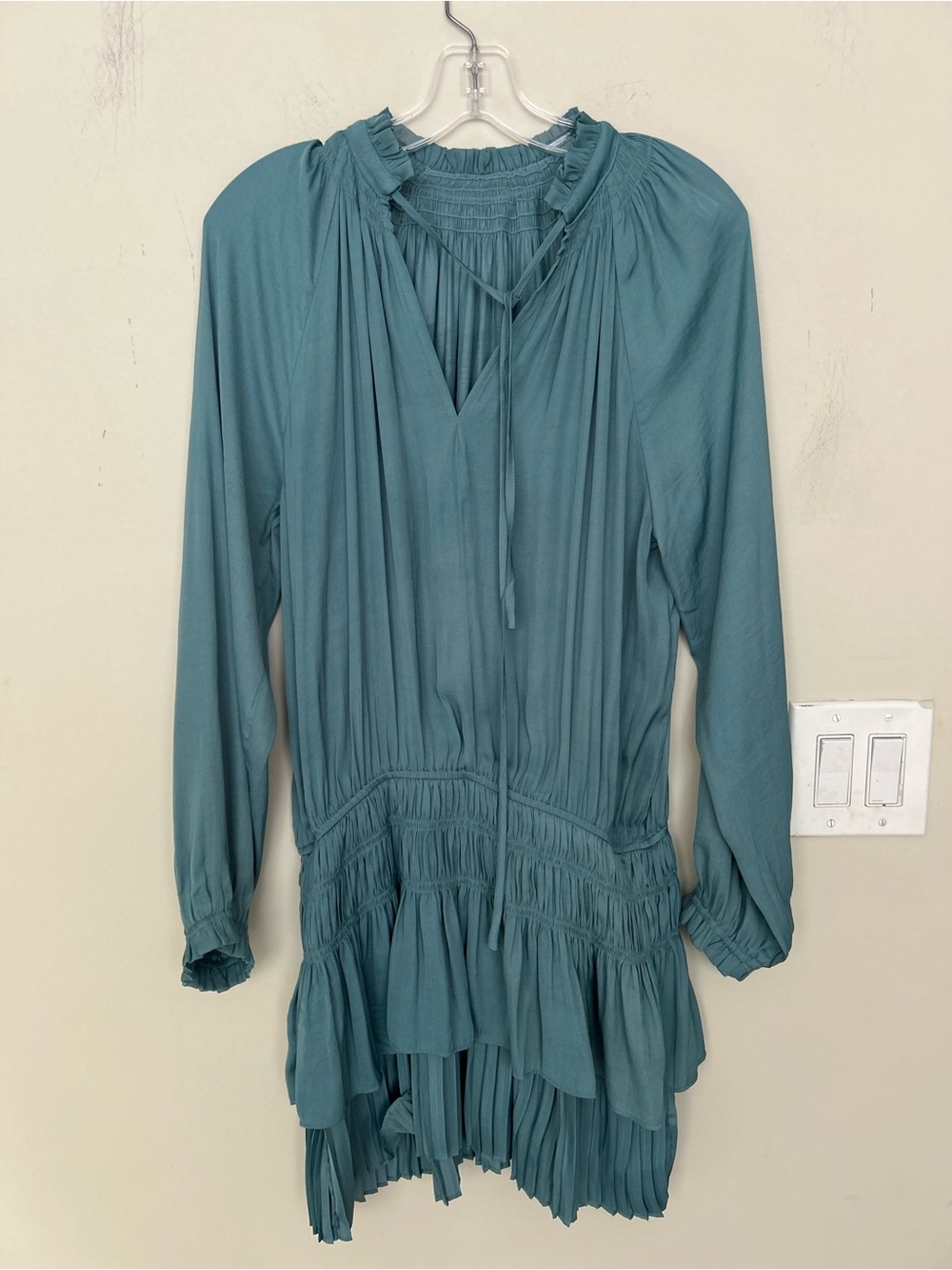 Smocked Waist Tiered Mini Teal Dress.  Size Medium